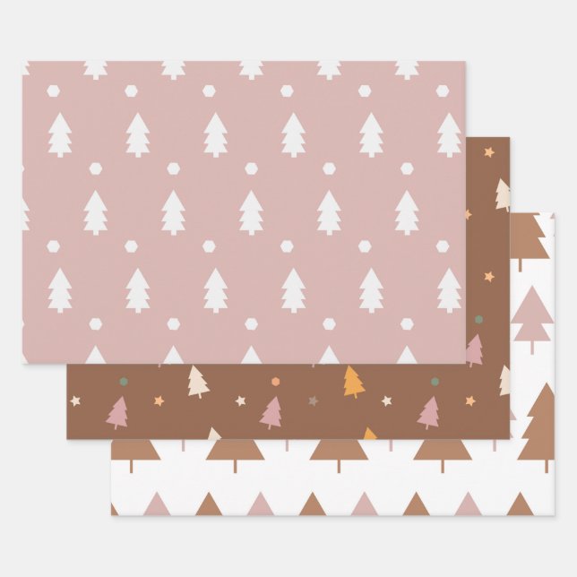 Pink Boho Christmas Tree Wrapping Paper Sheets (Set)