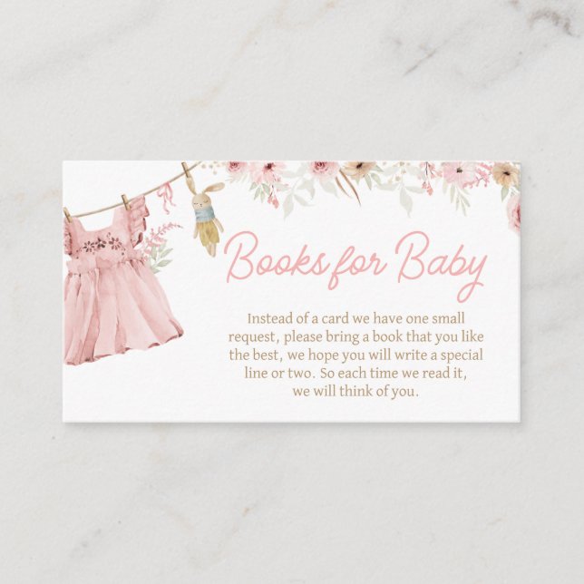 Pink Boho Clothesline Baby Shower Books for Baby Enclosure Card (Front)