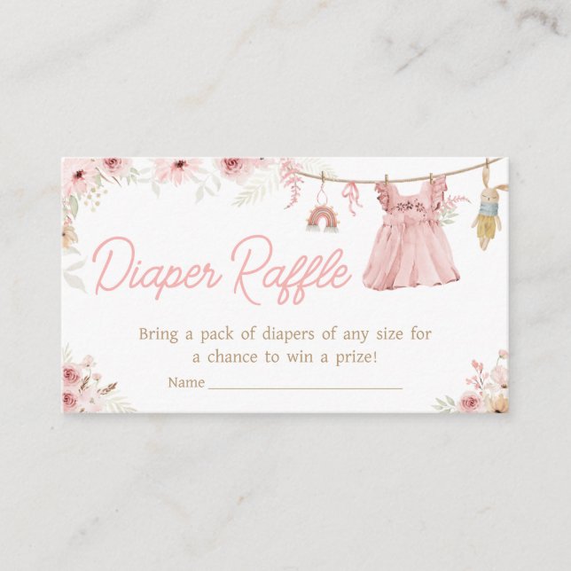 Pink Boho Clothesline Baby Shower Diaper Raffle Enclosure Card (Front)