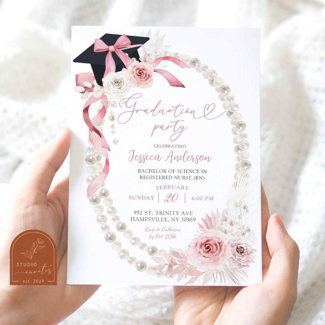 Pink Boho Coquette Bow Pearl Graduation Party Invitation (Creator Uploaded)