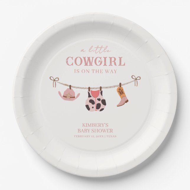 Pink Boho Cowgirl Clothesline Cowhide Baby Shower  Paper Plates (Front)