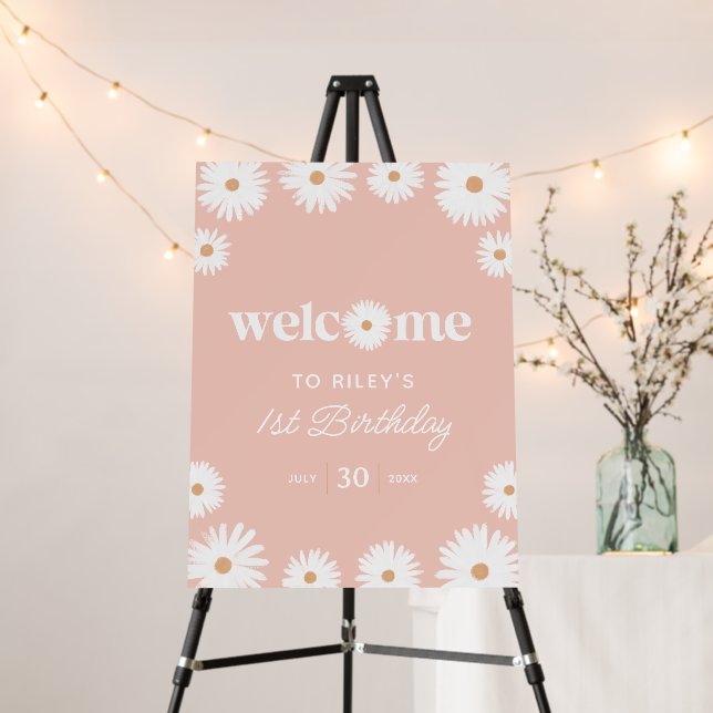 Pink Boho Daisy Birthday Party Welcome Sign (In Situ (Stand))