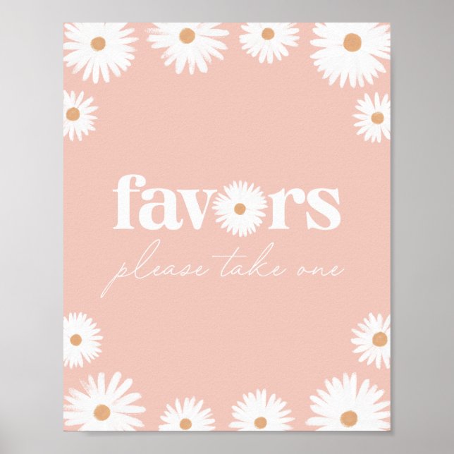 Pink Boho Daisy Floral Baby Shower Favors Sign (Front)
