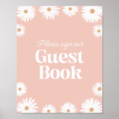 Pink Boho Daisy Floral Baby Shower Guest Book Sign