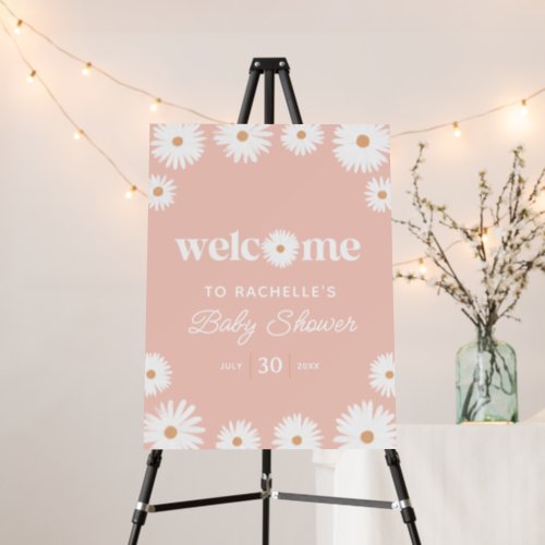 Pink Boho Daisy Floral Baby Shower Welcome Sign