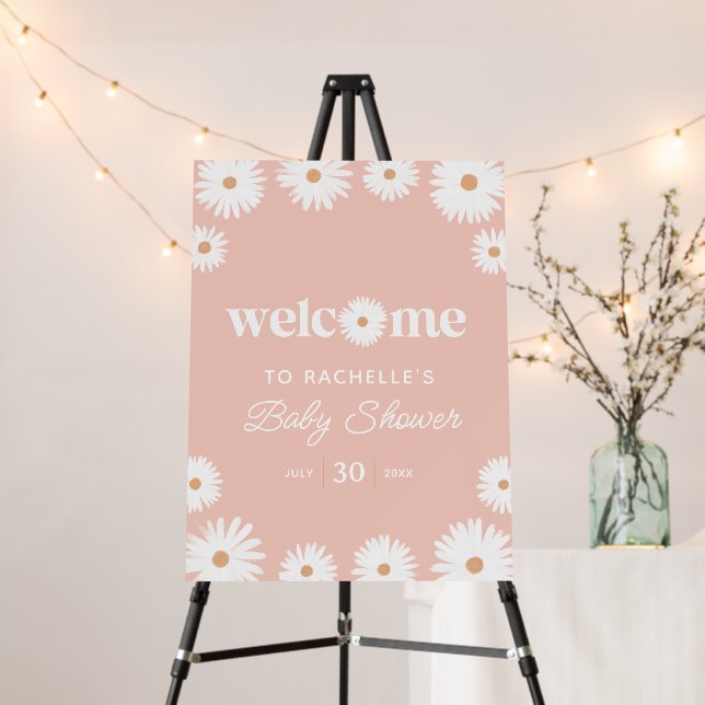 Pink Boho Daisy Floral Baby Shower Welcome Sign (In Situ (Stand))