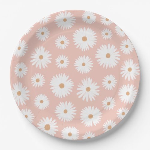 Pink Boho Daisy Floral Girl Baby Shower Paper Plates