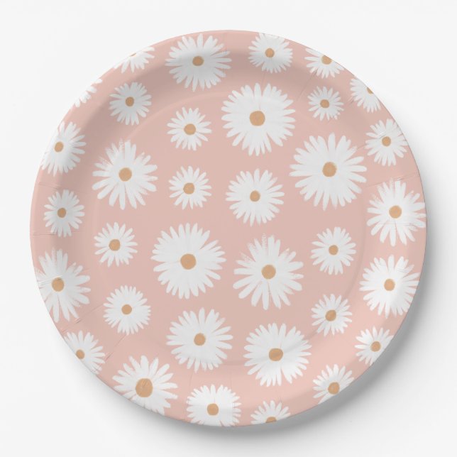 Pink Boho Daisy Floral Girl Baby Shower Paper Plates (Front)