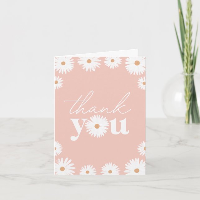 Pink Boho Daisy Floral Girl Baby Shower Thank You Card (Front)