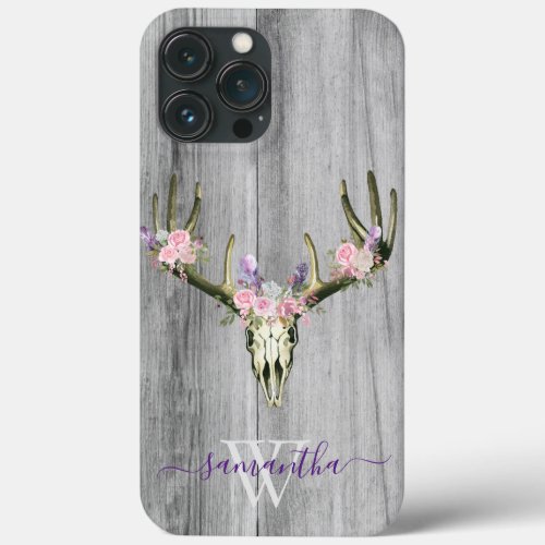 Pink Boho Deer Skull Floral Monogram Chic Case_Mat iPhone 13 Pro Max Case