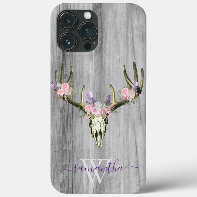 Pink Boho Deer Skull Floral Monogram Chic Case-Mat Case-Mate iPhone Case (Back)