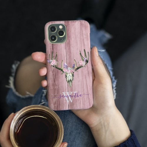 Pink Boho Deer Skull Floral Monogram Chic iPhone 13 Pro Max Case