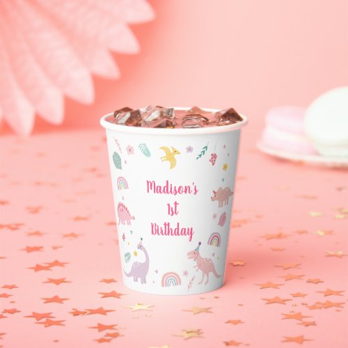 Pink Boho Dinosaur Birthday Paper Cups