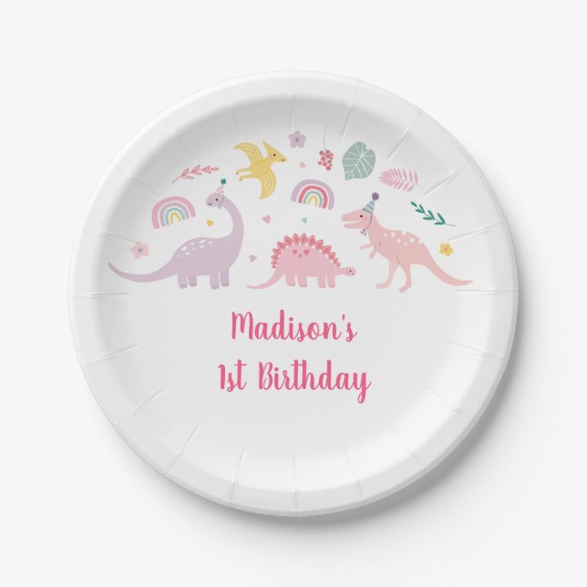 Pink Boho Dinosaur Birthday Paper Plates (Front)