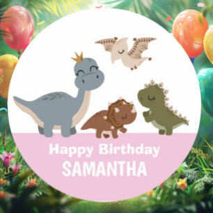 Pink Boho Dinosaur Birthday Party Classic Round Sticker