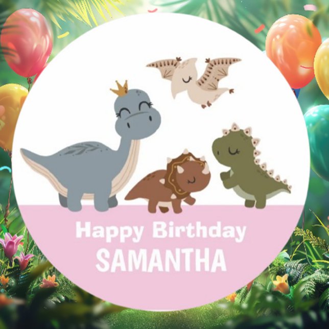 Pink Boho Dinosaur Birthday Party Classic Round Sticker (Discover adorable pink Boho dinosaur baby stickers that add a playful touch )