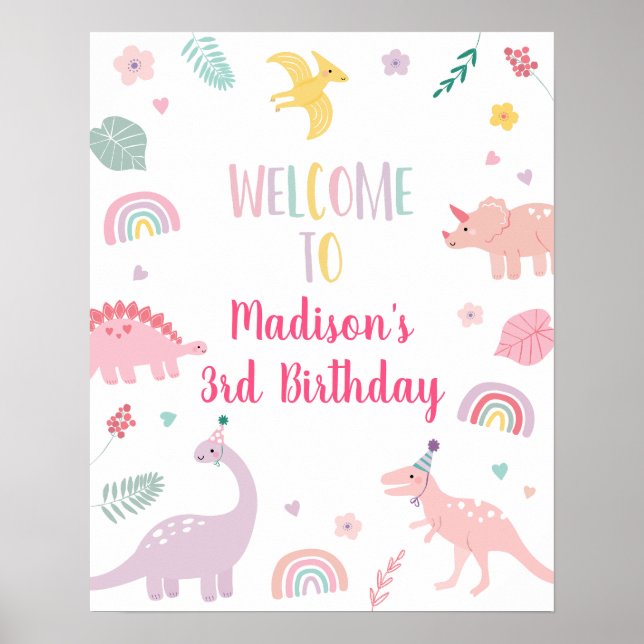 Pink Boho Dinosaur Birthday Welcome Poster (Front)