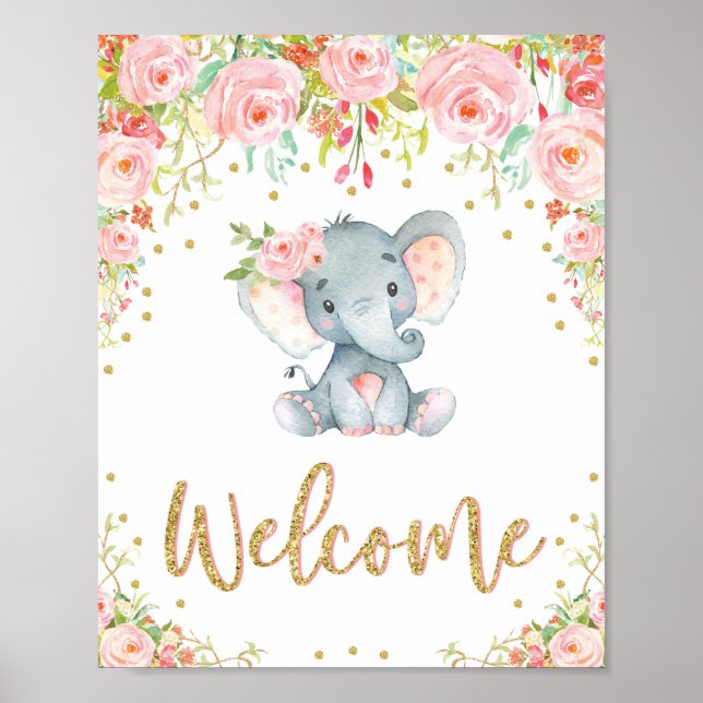 Pink Boho Elephant Baby Shower Welcome Sign Decor (Front)
