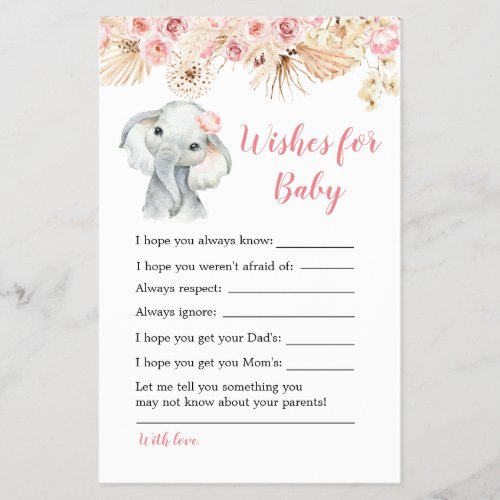 Pink Boho Elephant Baby Shower Wishes for Baby