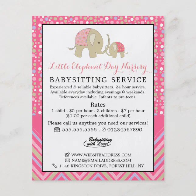 Pink Boho Elephant, Babysitter, Daycare, Nursery Flyer Zazzle