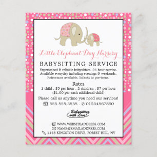 Pink Boho Elephant, Babysitter, Daycare, Nursery Flyer