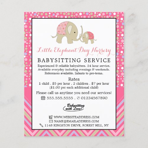 Pink Boho Elephant Babysitter Daycare Nursery Flyer