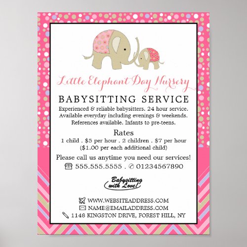 Pink Boho Elephant Babysitter Daycare Nursery Poster