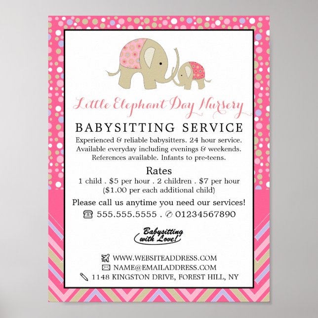 Pink Boho Elephant, Babysitter, Daycare, Nursery Poster (Front)