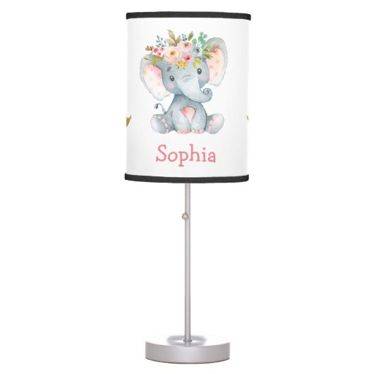 Pink Boho Elephant Floral Baby Girl Nursery Table Lamp (Front)