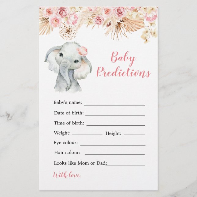 Pink Boho Elephant Girl Baby Prediction Game (Front)