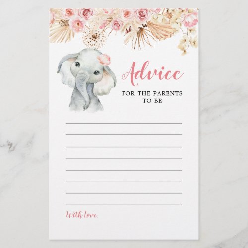 Pink Boho Elephant Girl Baby Shower Advice Card