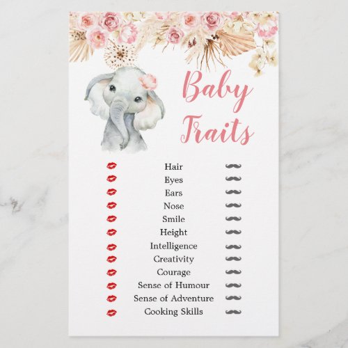 Pink Boho Elephant Girl Baby Shower Baby Traits