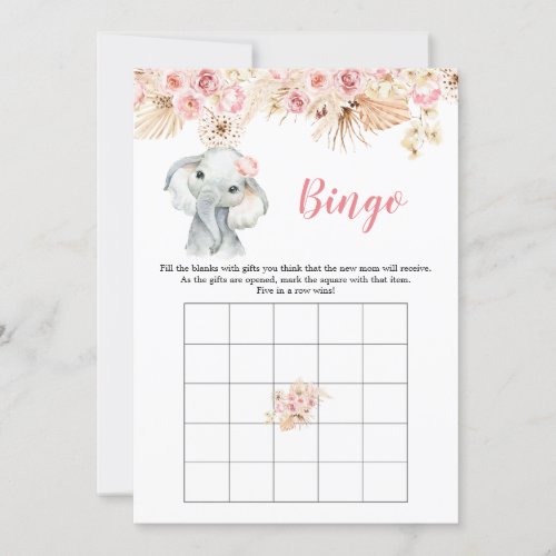 Pink Boho Elephant Girl Baby Shower Bingo Game Invitation