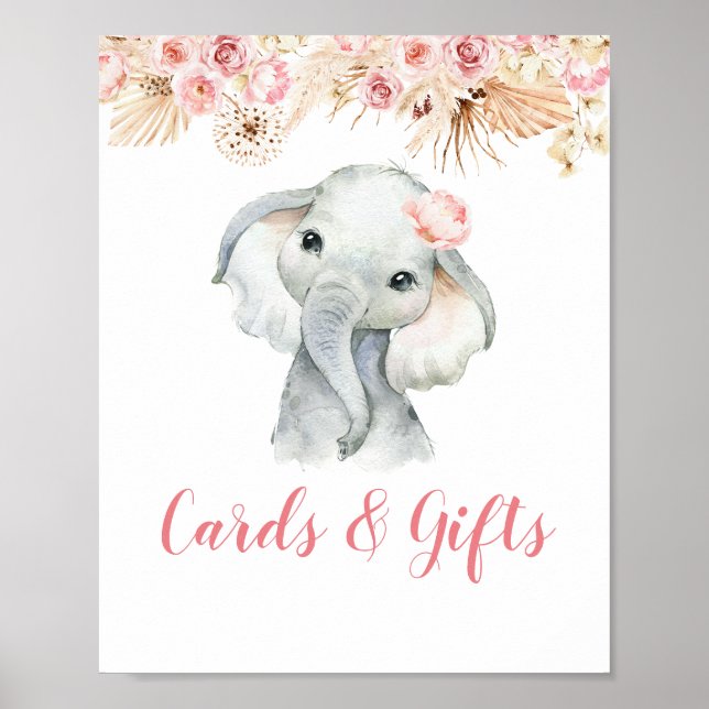 Pink Boho Elephant Girl Baby Shower Cards & Gifts Poster (Front)
