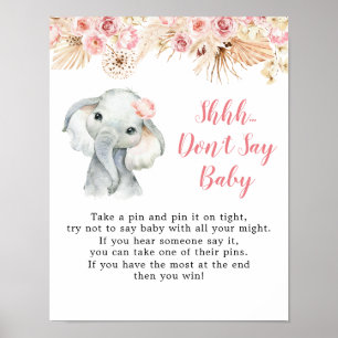 Pink Boho Elephant Girl Baby Shower Don't Say Baby Poster