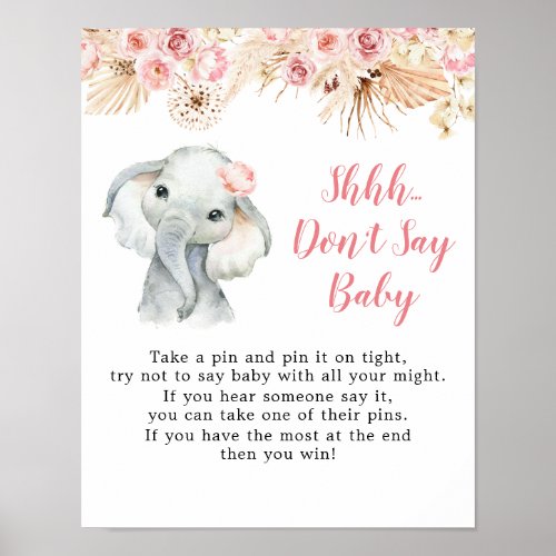 Pink Boho Elephant Girl Baby Shower Dont Say Baby Poster