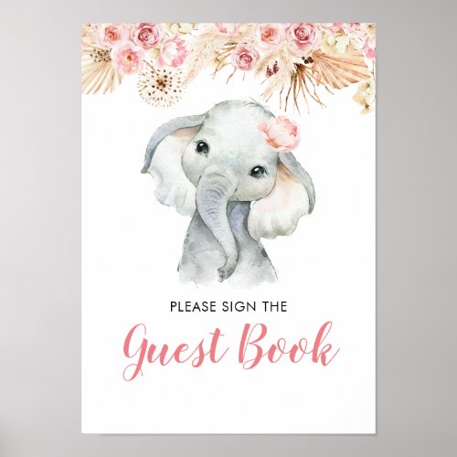 Pink Boho Elephant Girl Baby Shower Guest Book
