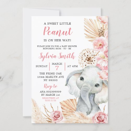 Pink Boho Elephant Girl Baby Shower Invitation