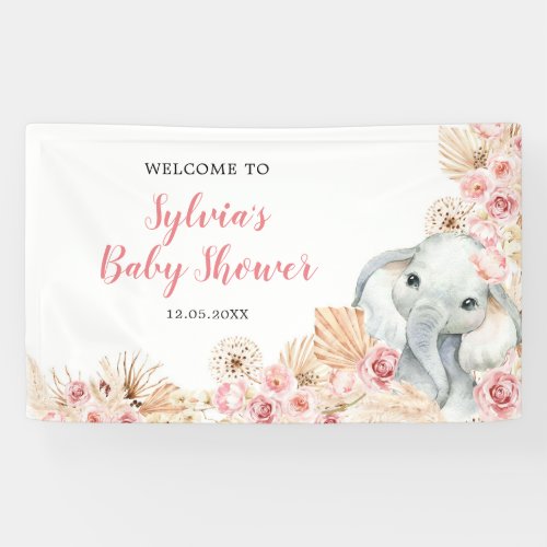 Pink Boho Elephant Girl Baby Shower Large Banner