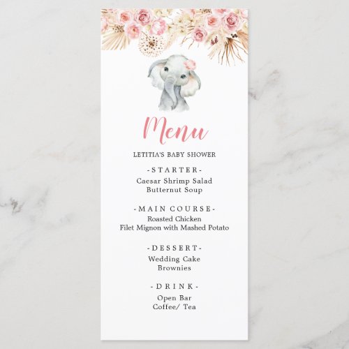 Pink Boho Elephant Girl Baby Shower Menu