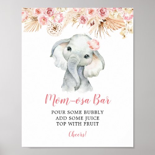 Pink Boho Elephant Girl Baby Shower Mom_osa Bar Poster