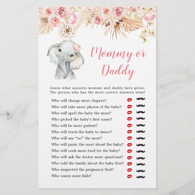 Pink Boho Elephant Girl Baby Shower Mommy or Daddy (Front)