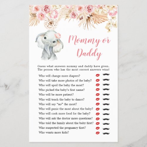 Pink Boho Elephant Girl Baby Shower Mommy or Daddy