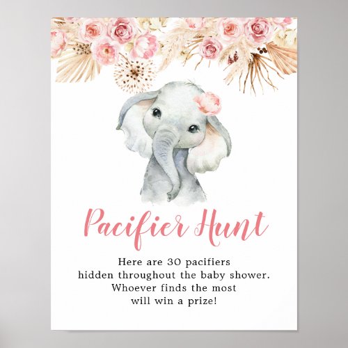 Pink Boho Elephant Girl Baby Shower Pacifier Hunt Poster