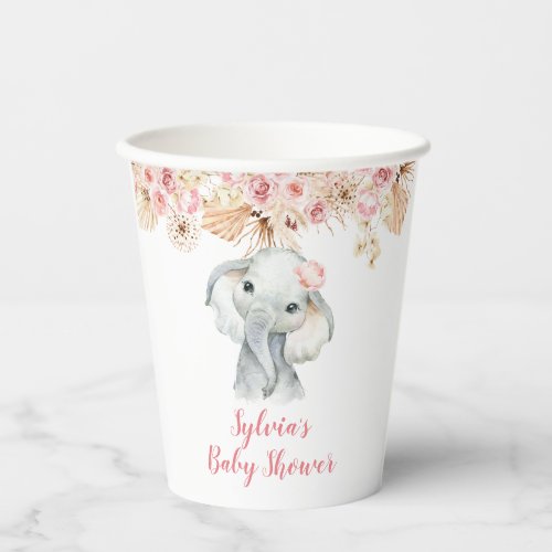 Pink Boho Elephant Girl Baby Shower Paper Cup