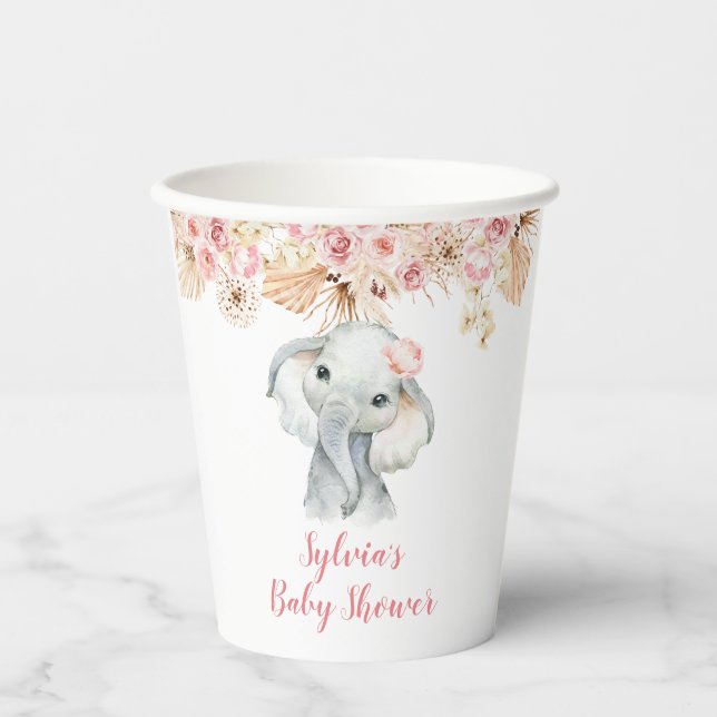 Pink Boho Elephant Girl Baby Shower Paper Cup (Front)