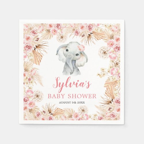 Pink Boho Elephant Girl Baby Shower Paper Napkin
