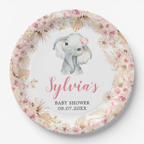 Pink Boho Elephant Girl Baby Shower Paper Plate
