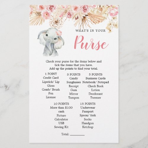 Pink Boho Elephant Girl Baby Shower Purse Game