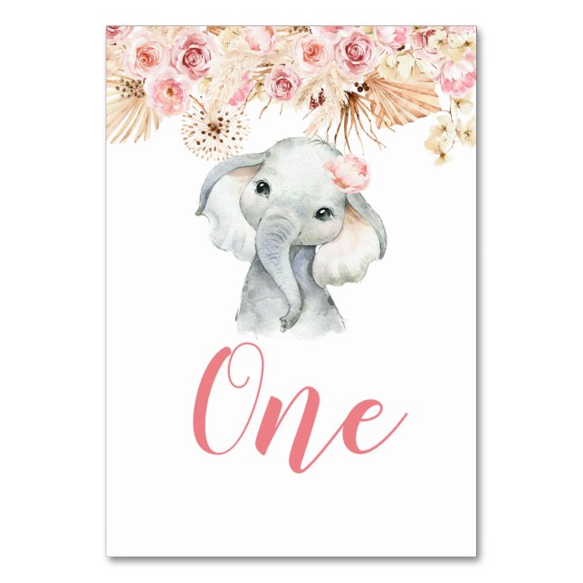 Pink Boho Elephant Girl Baby Shower Table Number (Front)